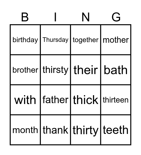 th words Bingo Card