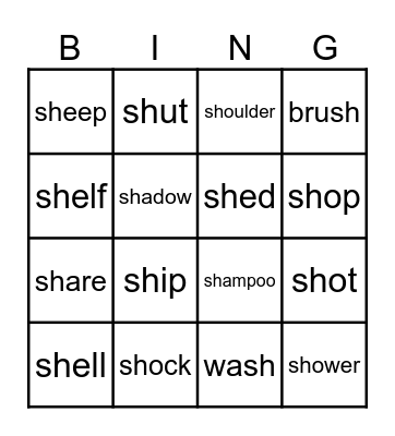 Sh words Bingo Card