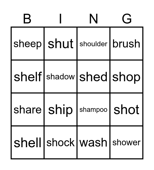 Sh words Bingo Card