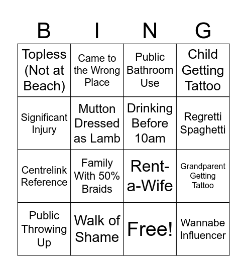 Bali Bingo Card