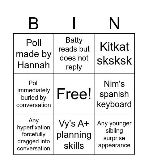 group chat bingo Card