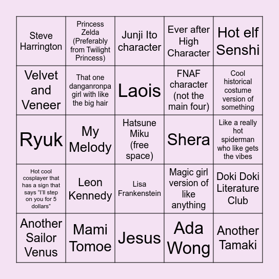 Cosplayer Bingo Card