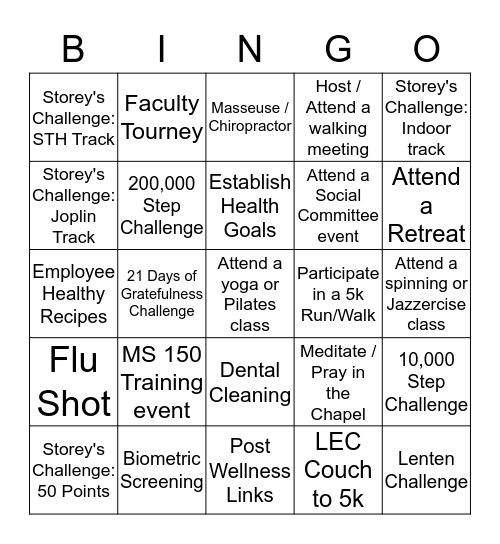 STH Wellness Bingo Card