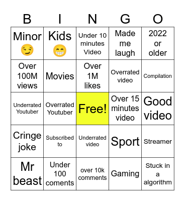 Youtube autoplay bingo Card