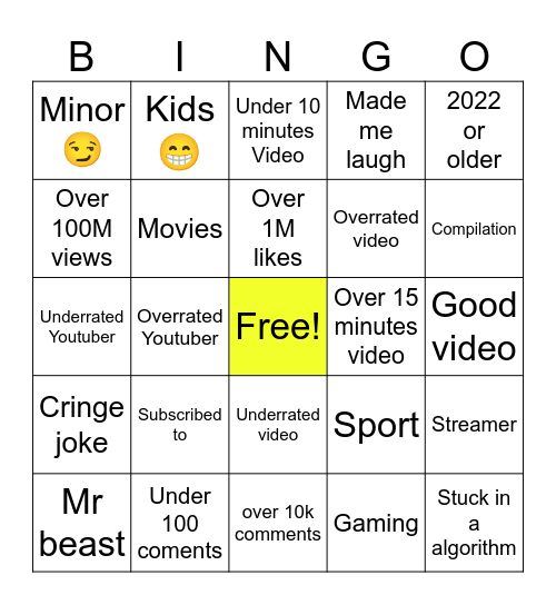 Youtube autoplay bingo Card