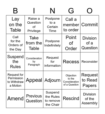 RONR Bingo Card