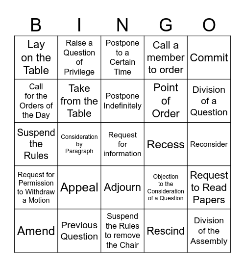 RONR Bingo Card