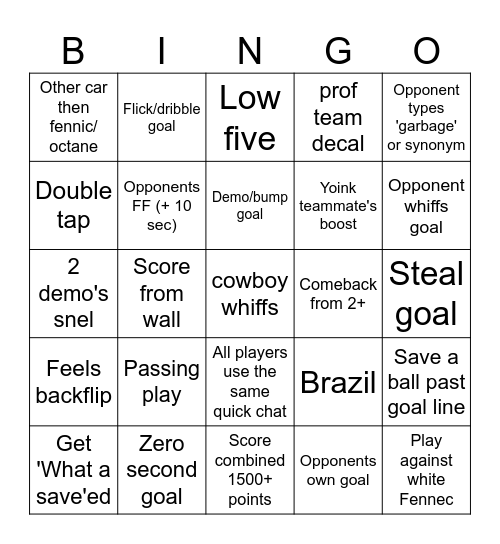 Rocket League Bingo Card