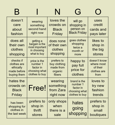 Shopping Bingo Card