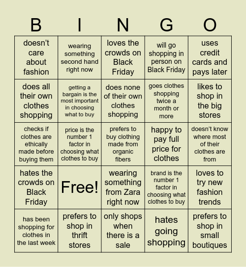 Shopping Bingo Card