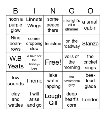 The Lake Isle of Innisfree Bingo Card