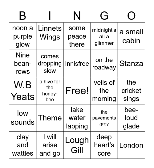 The Lake Isle of Innisfree Bingo Card