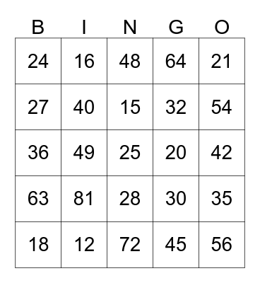 Multiplication Bingo Card