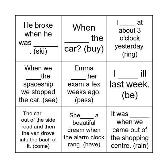 Bingo PAST TENSE Bingo Card