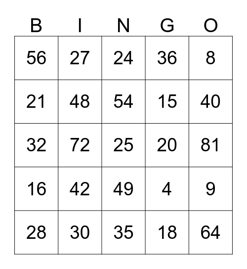 Multiplication Bingo Card