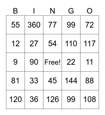 Multiplication Bingo Card