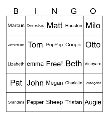 Riley Family and Pets Bingo Card