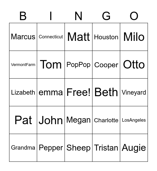 Riley Family and Pets Bingo Card