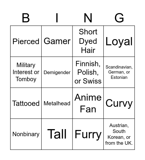 random rate my avatar 2 players type Bingo Card