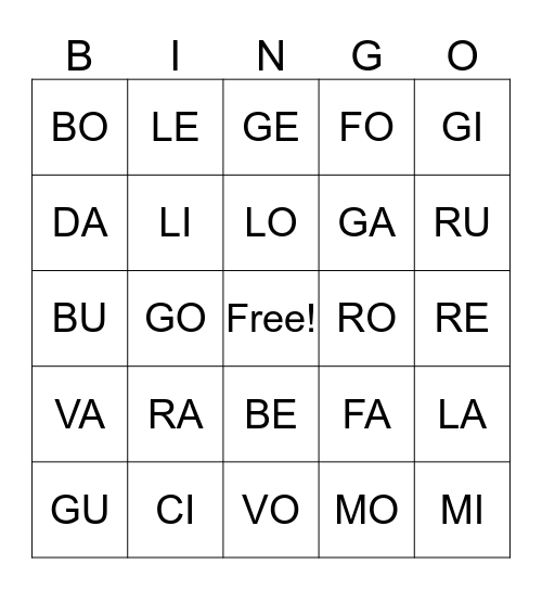 syllable Bingo Card