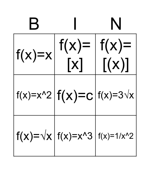 Parent Functions BINGO - Project 11BB (Game 1) Bingo Card