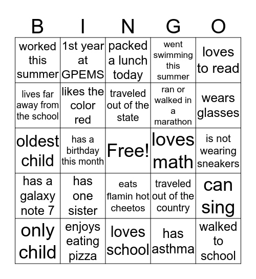 Scavenger Hunt Bingo Card