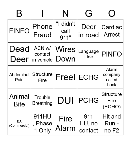 Calltaker Bingo Card