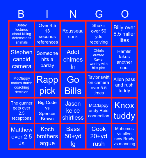 Bills Vs Chiefs Bingo Card