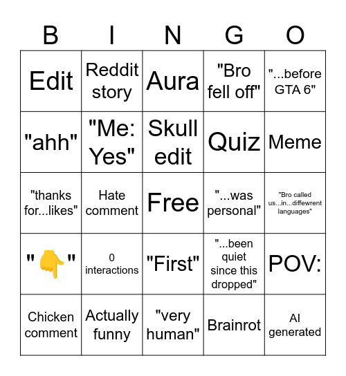 yt shorts Bingo Card