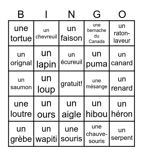 Les animaux de Salmon Arm Bingo Card