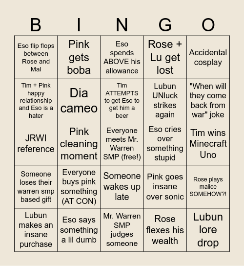 Warren SMP Con Bingo Card
