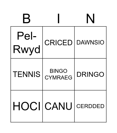 Welsh Sports Bingo Card