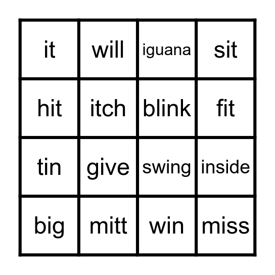 Bingo - Short i Words Bingo Card