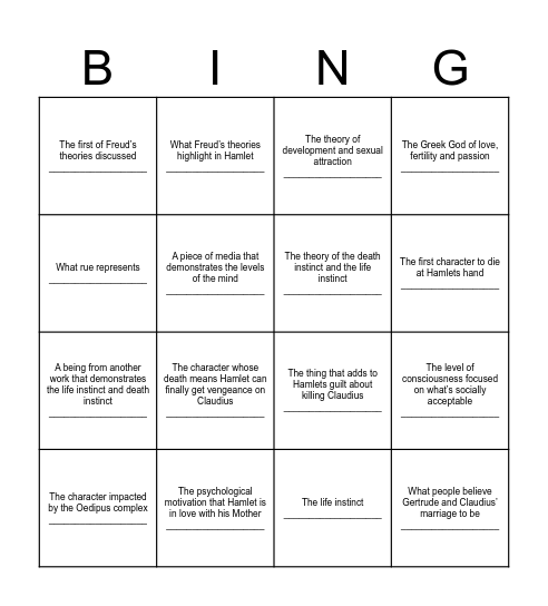 Freudian Bingo Card