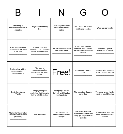 Freudian Bingo Card