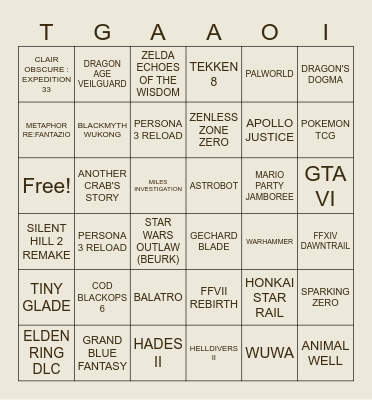 GOTY NOMINEES 2024 Bingo Card