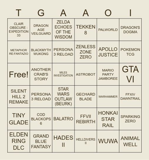 GOTY NOMINEES 2024 Bingo Card