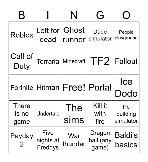 Videogame Bingo Card