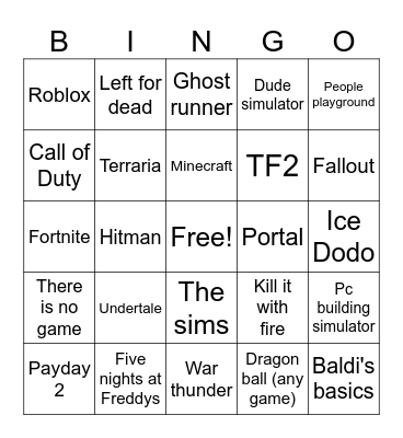 Videogame Bingo Card