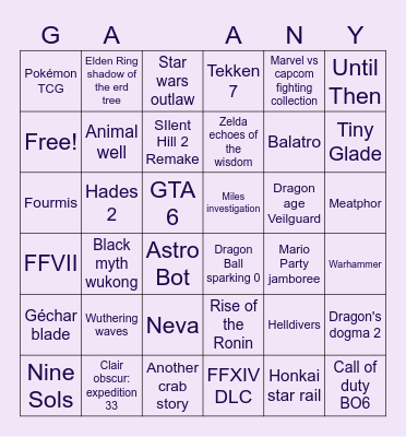 Game Awards Bingo Card