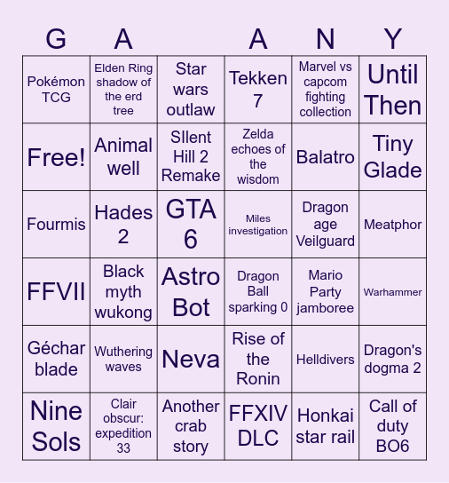 Game Awards Bingo Card