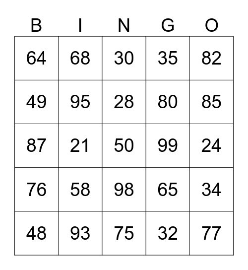 Zahlen 21-100 Bingo Card