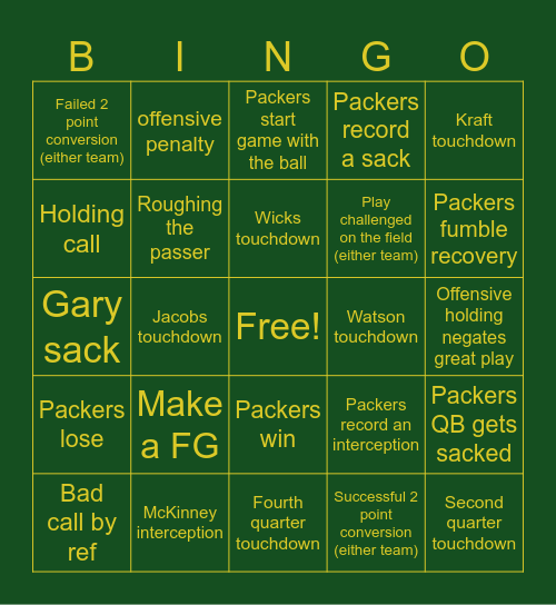 Week 11 VS Bears Bingo Card