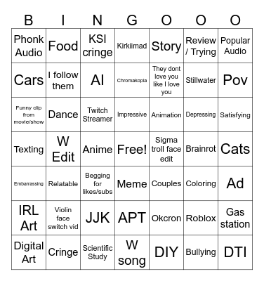 YT Shorts Bingo NOV 2024 Bingo Card