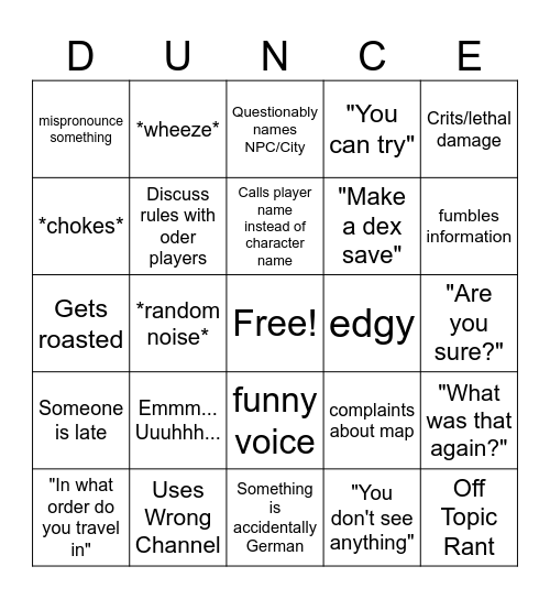 Duncemaster Does Bingo Card