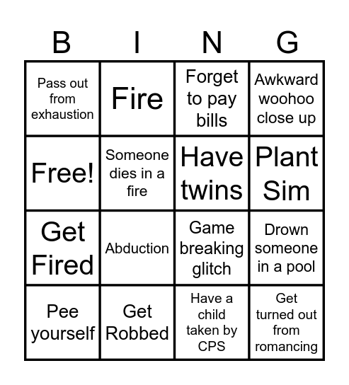 The Sims 2 Bingo Card Bingo Card