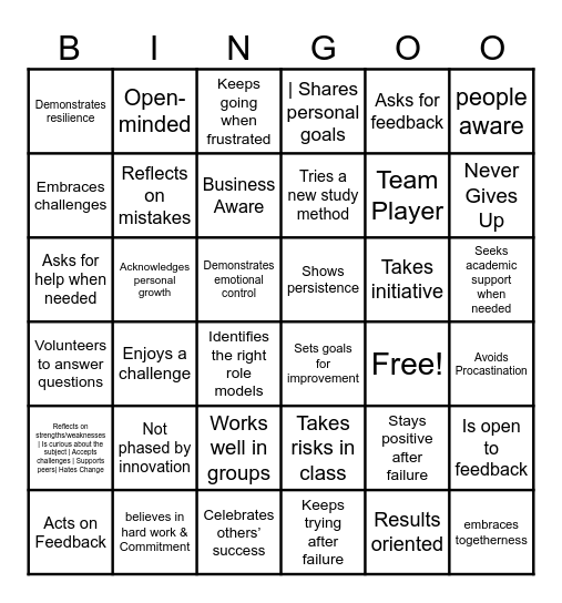 Growth Mindset Bingo Card