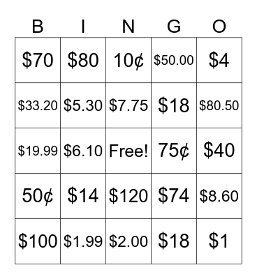 Prices Bingo Card