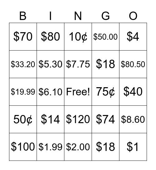 Prices Bingo Card