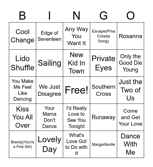 Yacht Rock Bingo Card